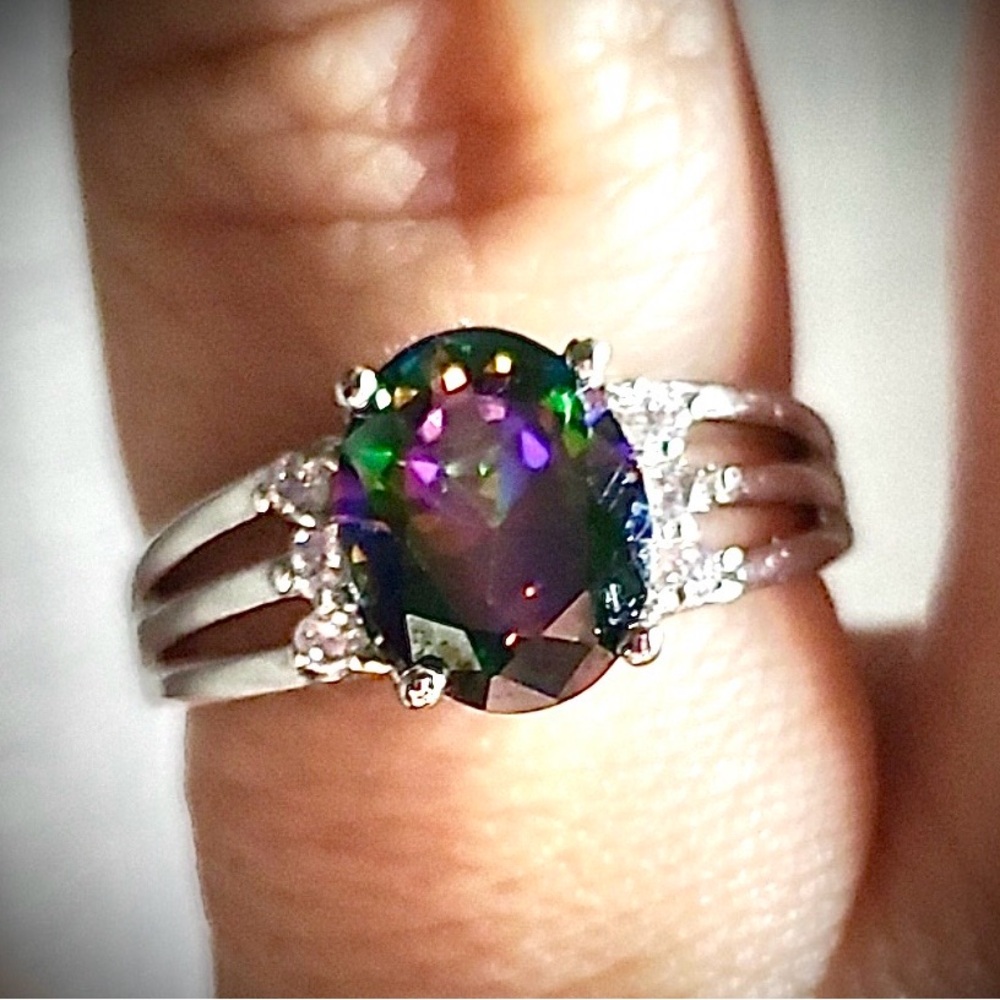 Mystic Topaz Oval Cut Ring With Clear 
Stones Set In Sterling Silver Size 8.5 - Picture 3 of 10